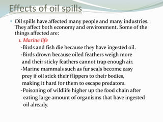 Effects of oil spills
 Oil spills have affected many people and many industries.

They affect both economy and environment. Some of the
things affected are:
1. Marine life
-Birds and fish die because they have ingested oil.
-Birds drown because oiled feathers weigh more
and their sticky feathers cannot trap enough air.
-Marine mammals such as fur seals become easy
prey if oil stick their flippers to their bodies,
making it hard for them to escape predators.
-Poisoning of wildlife higher up the food chain after
eating large amount of organisms that have ingested
oil already.

 
