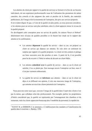 Les attentes du client par rapport à la qualité de services se forment à la fois de ses besoins
individuels, de son experience professionnelle issue de l’utilisation des prestations de même
caractère, des conseils et des opignons des amis et proches de la famille, des materiels
publicitaires, de l’image et de la renommée de l’entreprise, des prix aux services proposés.
Il est evident (figure 4) que, si l’aire de la qualité est plus petite, ou nous pouvons considerer,
si les attentes pour un service sont plus satisfaites, alors le client apprecie mieux le niveau de
la qualité proposé.
En developpant cette conception pour un service de qualité, les auteurs Navet et Hobson1
déterminent trois niveaux de qualités possibles et ils basent leur étude sur le rapport des
attentes et la confirmation :


                Les attentes dépassent la qualité de service – dans ce cas, est proposé au
                client un service qui dépasse ses attentes. Se crée alors un sentiment de
                surprise par rapport à la qualité proposée. Le client est très content et partage
                ses bons souvenirs avec des proches et amis. A partir de là, il est possible
                pour lui de revenir à l’hôtel et même de devenir un client fidèle.


                Les attentes coincident avec la qualité de service – dans ce cas le client est
                satisfait, il ne se plaint pas. Son message envers l’entreprise est bon, mais il
                n’est pas vraiment enthousiaste.


                La qualité de service est inferieure aux attentes – dans ce cas le client est
                déçu et en diffusant son opinion, il crée une mauvaise image de l’entreprise,
                qui entraîne un recul des clients potentiels de l’entreprise.


    Nous pouvons noter aussi que, souvons l’image de la qualité dans l’esprit des clients n’est
pas la même, que celledans celui des professionnels. Par exemple, parfois les propriétaires
d’hôtels concidèrent que, la qualité est représentée par l’amenagement des chambres et du
restaurant, mais les clients apprecient beaucoup plus l’amabilité du personnel, la rapidité du

1
 NAVET B. et HOBSON J. le séminaire « L’etablissement des standarts et l’amelioration du
qualité dans le tourisme », Bansko, 1996


                                                                                                 43
 