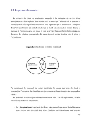 1.3. Le personnel en contact


   La présence du client est absolument nécessaire à la réalisation du service. Cette
participation du client implique, à un moment ou à un autre, que l’acheteur soit en présence et
ait une relation avec le personnel en contact. Il est représenté par le personnel de l’entreprise
de service qui travaille en contact direct avec le client. Le personnel en contact délivre le
message de l’entreprise, crée son image et vend le service. Il devient l’articulation stratégique
du succès des relations commerciales. En même temps il sert de frontière entre le client et
l’organisation.




                      Figure 5 : Situation du personnel en contact




Par conséquent, le personnel en contact matérialise le service aux yeux du client et
personnalise l’entreprise. Le client base ses impressions sur la performance du personnel en
contact.
   Le personnel en contact joue essentiellement deux rôles. Un rôle opérationnel, un rôle
relationnel et parfois un rôle de vente.


       Le rôle opérationnel représente les tâches précises que le personnel doit effectuer au
       cours de son jours de travail. Ces taches consistent en l’éxécution de tous les types

                                                                                              45
 