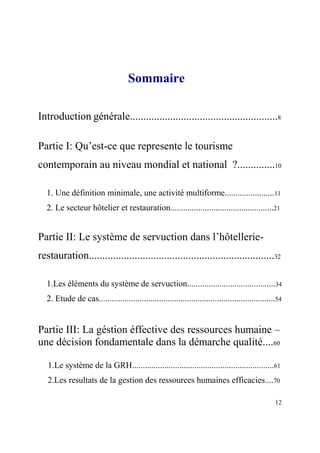 Sommaire

Introduction générale.......................................................8

Partie I: Qu’est-ce que represente le tourisme
contemporain au niveau mondial et national ?..............10

  1. Une définition minimale, une activité multiforme.......................11
  2. Le secteur hôtelier et restauration................................................21


Partie II: Le système de servuction dans l’hôtellerie-
restauration.....................................................................32

  1.Les éléments du système de servuction.........................................34
  2. Etude de cas..................................................................................54


Partie III: La géstion éffective des ressources humaine –
une décision fondamentale dans la démarche qualité....60

   1.Le système de la GRH..................................................................61
   2.Les resultats de la gestion des ressources humaines efficacies....70

                                                                                                  12
 