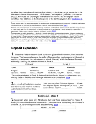 do when they make loans is to accept promissory notes in exchange for credits to the
borrowers' transaction accounts. Loans (assets) and deposits (liabilities) both rise by
$9,000. Reserves are unchanged by the loan transactions. But the deposit credits
constitute new additions to the total deposits of the banking system. See illustration 3.

3Dollar amounts used in the various illustrations do not necessarily bear any resemblance to actual transactions. For example, open market
operations typically are conducted with many dealers and in amounts totaling several billion dollars. back
4Indeed, many transactions today are accomplished through an electronic transfer of funds between accounts rather than through issuance
of a paper check. Apart from the time of posting, the accounting entries are the same whether a transfer is made with a paper check or
                                                                           back
electronically. The term "check," therefore, is used for both types of transfers.
5For each bank, the reserve requirement is 3 percent on a specified base amount of transaction accounts and 10 percent on the amount
above this base. Initially, the Monetary Control Act set this base amount - called the "low reserve tranche" - at $25 million, and provided for it
to change annually in line with the growth in transaction deposits nationally. The low reserve tranche was $41.1 million in 1991 and $42.2
million in 1992. The Garn-St. Germain Act of 1982 further modified these requirements by exempting the first $2 million of reservable
liabilities from reserve requirements. Like the low reserve tranche, the exempt level is adjusted each year to reflect growth in reservable
liabilities. The exempt level was $3.4 million in 1991 and $3.6 million in 1992.    back



Deposit Expansion

1. When the Federal Reserve Bank purchases government securities, bank reserves
increase. This happens because the seller of the securities receives payment through a
credit to a designated deposit account at a bank (Bank A) which the Federal Reserve
effects by crediting the reserve account of Bank A.
                   FR BANK                                     BANK A
Assets                              Liabilities                            Assets                              Liabilities
US govt                  Reserve acct.         Reserves with          Customer
securities.. +10,000     Bank A.. +10,000      FR Banks.. +10,000     deposit.. +10,000
The customer deposit at Bank A likely will be transferred, in part, to other banks and
quickly loses its identity amid the huge interbank flow of deposits. back


2.As a result, all banks taken together                         Total reserves gained from new deposits.......10,000
                                                                less: required against new deposits (at 10%)... 1,000
now have "excess" reserves on which
                                                                equals: Excess reserves . . . . . . . . . . . . . . . . . 9,000
deposit expansion can take place.
back

                                                     Expansion - Stage 1
3.Expansion takes place only if the banks that hold these excess reserves (Stage 1
banks) increase their loans or investments. Loans are made by crediting the borrower's
account, i.e., by creating additional deposit money. back
                                      STAGE 1 BANKS
                                        Assets                                              Liabilities
 