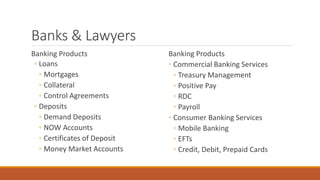 Banks & Lawyers 
Banking Products 
◦ Loans 
◦ Mortgages 
◦ Collateral 
◦ Control Agreements 
◦ Deposits 
◦ Demand Deposits 
◦ NOW Accounts 
◦ Certificates of Deposit 
◦ Money Market Accounts 
Banking Products 
◦ Commercial Banking Services 
◦ Treasury Management 
◦ Positive Pay 
◦ RDC 
◦ Payroll 
◦ Consumer Banking Services 
◦ Mobile Banking 
◦ EFTs 
◦ Credit, Debit, Prepaid Cards 
 