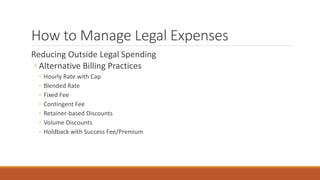 How to Manage Legal Expenses 
Reducing Outside Legal Spending 
◦ Alternative Billing Practices 
◦ Hourly Rate with Cap 
◦ Blended Rate 
◦ Fixed Fee 
◦ Contingent Fee 
◦ Retainer-based Discounts 
◦ Volume Discounts 
◦ Holdback with Success Fee/Premium 
 
