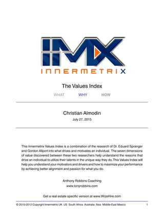 © 2010-2012 Copyright Innermetrix UK US South Africa Australia Asia Middle-East Mexico 1
The Values Index
WHAT WHY HOW
Christian Almodin
July 27, 2015
This Innermetrix Values Index is a combination of the research of Dr. Eduard Spranger
and Gordon Allport into what drives and motivates an individual. The seven dimensions
of value discovered between these two researchers help understand the reasons that
drive an individual to utilize their talents in the unique way they do.This Values Index will
help you understand your motivators and drivers and how to maximize your performance
by achieving better alignment and passion for what you do.
Anthony Robbins Coaching
www.tonyrobbins.com
Get a real estate specific version at www.WizeHire.com
 