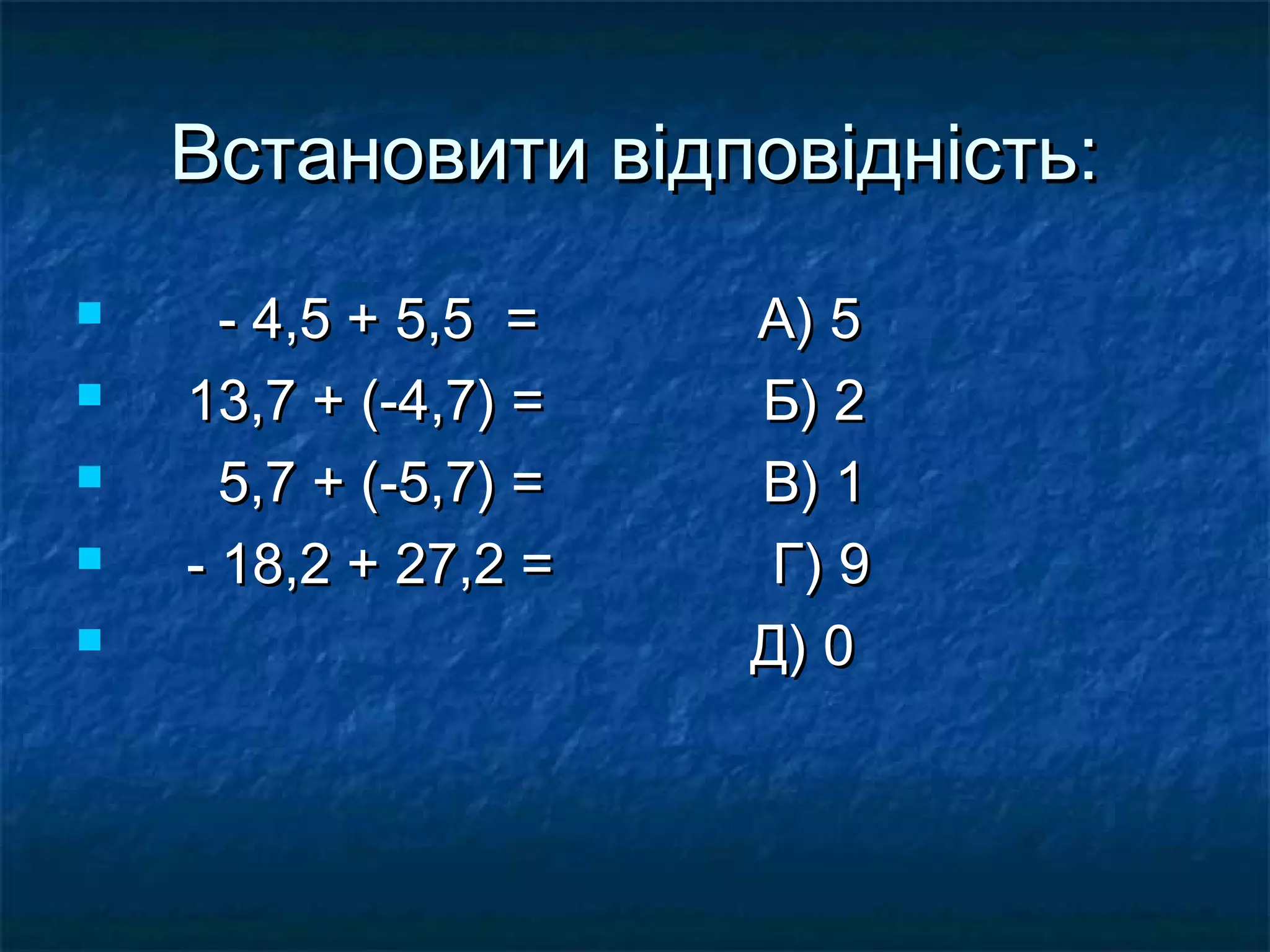Встановити відповідність:






- 4,5 + 5,5 =
13,7 + (-4,7) =
5,7 + (-5,7) =
- 18,2 + 27,2 =

А) 5
Б) 2
В) 1
Г) 9
Д) 0

 