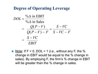 Degree of Operating Leverage
 Note: If F = 0, DOL = 1 (i.e., without any F, the %
change in EBIT would be equal to the % change in
sales). By employing F, the firm’s % change in EBIT
will be greater than the % change in sales.
DOL
Q P V
Q P V F
S VC
S VC F
S VC
EBIT


 


 

% in EBIT
in Sales
=
=


%
( )
( )
 