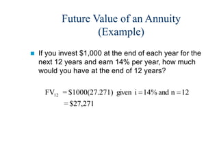 Future Value of an Annuity
(Example)
 If you invest $1,000 at the end of each year for the
next 12 years and earn 14% per year, how much
would you have at the end of 12 years?
$27,271
=
12
n
and
14%
i
given
71)
$1000(27.2
=
FV12 

 