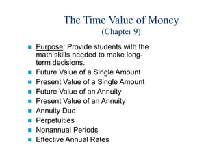 The Time Value of Money
(Chapter 9)
 Purpose: Provide students with the
math skills needed to make long-
term decisions.
 Future Value of a Single Amount
 Present Value of a Single Amount
 Future Value of an Annuity
 Present Value of an Annuity
 Annuity Due
 Perpetuities
 Nonannual Periods
 Effective Annual Rates
 
