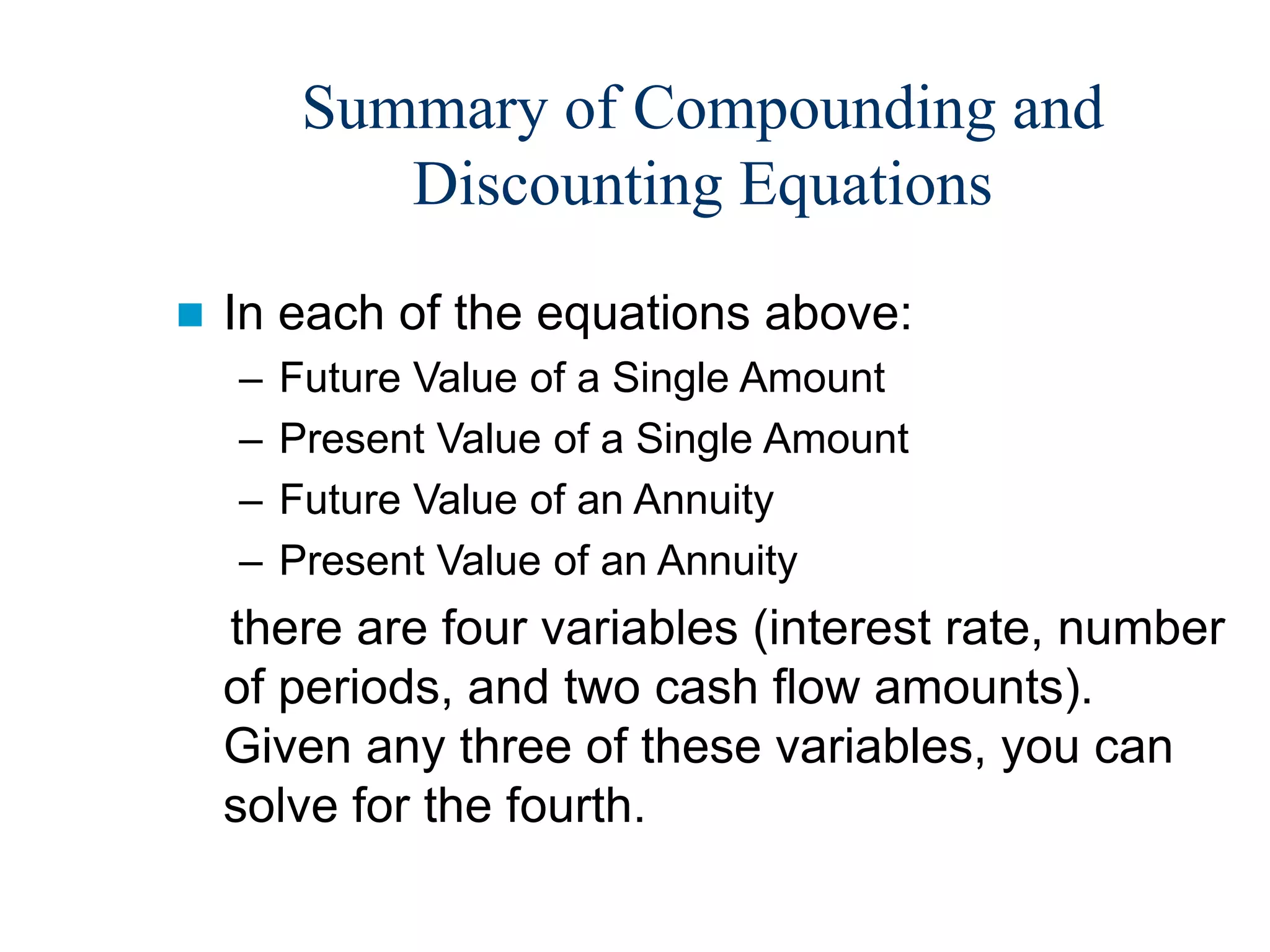 Summary of Compounding and
Discounting Equations
 In each of the equations above:
– Future Value of a Single Amount
– Present Value of a Single Amount
– Future Value of an Annuity
– Present Value of an Annuity
there are four variables (interest rate, number
of periods, and two cash flow amounts).
Given any three of these variables, you can
solve for the fourth.
 