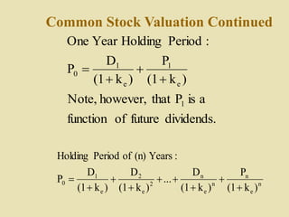 Common Stock Valuation Continued
dividends.
future
of
function
a
is
P
that
however,
Note,
)
k
(1
P
)
k
(1
D
P
:
Period
Holding
Year
One
1
e
1
e
1
0




n
e
n
n
e
n
2
e
2
e
1
0
)
k
(1
P
)
k
(1
D
...
)
k
(1
D
)
k
(1
D
P
:
Years
(n)
of
Period
Holding









 
