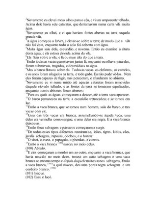 2
Novamente eu elevei meus olhos para o céu, e vi um umponente telhado.
Acima dele havia sete cataratas, que derramavam numa certa vila muita
água.
3
Novamente eu olhei, e vi que haviam fontes abertas na terra naquela
grande vila.
4
A água começou a ferver, e elevar-se sobre a terra; de modo que a vila
não foi vista, enquanto todo o solo foi coberto com água.
5
Muita água saiu dela, escuridão, e novems. Então eu examine a altura
desta água, e ela estava elevada acima da vila.
6
Ela fluiu sobre a vila, e ficou mais alta do que a terra.
7
Então todas as vacas queestavam juntas lá, enquanto eu olhava para elas,
foram submersas, tragadas, e destruídass na água.
8
Mas o barco flutuou sobreela. Todas as vacas, os elefantes, os camelos,
e os anos foram afogados na terra, e todo gado. Eu não pude vê-los. Nem
eles foram capazes de fugir, mas pereceram, e afundaram no abismo.
9
Novamente eu vi numa misão até aquelas cataratas foram removidas
daquele elevado telhado, e as fontes da terra se tornaram equalizadas,
enquanto outros abismos foram abertos;
10
Para os quais as águas começaram a descer, até a terra seca aparecer.
11
O barco pemaneceu na terra; a escuridão tretrocedeu; e se tornou em
luz.
12
Então a vaca branca, que se tornou num homem, saiu do barco, e tres
vacas com ele.
13
Uma das três vacas era branca, assemelhando-se àquela vaca, uma
delas era vermelha como sangue; e uma delas era negra. E a vaca branca
deixou-as.
14
Então feras selvagens e pássaros começaram a surgir.
15
De todos esses tipos diferentes reuniram-se, leões, tigres, lobos, cães,
javalis selvagens, raposas, coelhos, e o hanzar.
16
O siset, o avest, o papagaio, o phonkas, e corvos.
17
Então a vaca branca (100)
nasceu no meio deles.
(100) Abraão.
18
E eles começaram a morder um ao outro, enquanto a vaca bramca, que
havia nascido no meio deles, trouxe um asno selvagem e uma vaca
branca ao mesmo tempo e depois daquelemuitos asnos selvagens. Então
a vaca branca, (101)
a qual nasceu, deu uma porca negra selvagem e um
cordeiro branco. (102)
(101) Isaque.
(102) Esau e Jacó.
 