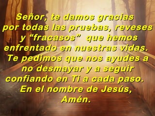 Señor, te damos graciasSeñor, te damos gracias
por todas las pruebas, revesespor todas las pruebas, reveses
y “fracasos” que hemosy “fracasos” que hemos
enfrentado en nuestras vidas.enfrentado en nuestras vidas.
Te pedimos que nos ayudes aTe pedimos que nos ayudes a
no desmayar y a seguirno desmayar y a seguir
confiando en Ti a cada paso.confiando en Ti a cada paso.
En el nombre de Jesús,En el nombre de Jesús,
Amén.Amén. 
 