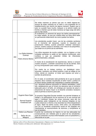 Hacia una Nueva Cultura Educativa en el Municipio de Santiago de Cali
                Programa de Fortalecimiento de las Competencias Docentes y Estudiantiles



                                De todas maneras yo pienso que eso no debió dejarse así,
                                porque de todas maneras es un daño a una propiedad de un
                                establecimiento (por decirlo de alguna manera). Sugiero que si
                                esto no sucedió hace mucho, busquen a la señora madre de
                                familia e intenten que de todas maneras se haga cargo del daño
                                que su hijo causó.
                                Si tuviéramos un personal de apoyo los baños permanecerían
                                en mejor estado, ya que por nuestra labor se hace difícil estar
                                en permanente observación de como quedan los baños.

                                Los estudiantes pueden hacer uso de las unidades sanitarias
                                en el momento del descanso, cuando lo requieran por
                                prescripción médica, cuando presentan malestar estomacal,
                                porque nuestro cuerpo lo necesita y aun más en los pequeñitos,
                                que están en el control de los esfínteres.

                                Los niños requieren de mucho cuidado con su higiene y si las
        Luz Stella Arbelaez     unidades sanitarias no están en las mejores condiciones, esto
             Ocampo             conlleva a que se presenten brotes de infecciones
204
                                gastrointestinales y alergias.
       Pedro Antonio Molina
                                A través de la socialización de experiencias, damos a conocer
                                nuestro proyecto y también conocemos los de los demás. Esto
                                es muy enriquecedor para nuestro quehacer educativo.

                                Por medio de un trabajo continuo, sin desfallecer como
                                docentes, mantener una actitud positiva y esto se refleja en los
                                niños, viendo en nosotros el motor que impulsa con amor y
                                sentido de pertenencia.

                                En mi sede, el coordinador está pendiente de lo que la escuela
                                requiere, lleva nuestras inquietudes al señor rector y ambos en
                                el menor tiempo posible dan respuestas a nuestras solicitudes.
                                Los docentes estamos educando en hábitos saludables y para
                                ello, establecemos que el horario de descanso sea el momento
                                adecuado para ir al baño, sin embargo por razones de salud o
                                situaciones de fuerza mayor si el docente considera necesario
                                dará el permiso al alumno para salir.

       Eugenia Daza Cajas       El proyecto Seguridad Escolar también nos permite fortalecer el
                                trabajo y la participación de los alumnos en el uso racional del
205                             agua y mantener limpias las zonas comunes; para ello los
          Normal Superior       estudiantes están trabajando en las diversas brigadas en las
          Farallones Cali       cuales observan e informa a los docentes los niños desperdician
                                el agua, dejan los baños sucios, entre otros. Los estudiantes
                                que por su excelente compromiso social en las brigadas son
                                merecedores al reconocimiento de alumnos y compañeros al
                                izar la bandera.
        Helda Lucy Riazcos      Cuando las condiciones de higiene no son las adecuadas las
206                             consecuencias son nefastas para la salud de los estudiantes,
           Señor de Los         pues se presentan muchas enfermedades como el parasitismo y
             Milagros           afecciones en la piel.
                                                                                               100
Informe sobre el Foro Electrónico Saneamiento e Higiene en el Ambiente Escolar
Núcleo Temático de Educación Ambiental. Subcomponente 1.2
 