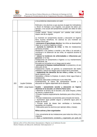 Hacia una Nueva Cultura Educativa en el Municipio de Santiago de Cali
                Programa de Fortalecimiento de las Competencias Docentes y Estudiantiles


                                a los problemas relacionados con seeh.

                                Estimular a los alumnos a que asuman el papel de motivadores
                                y lleven el mensaje a sus hogares. Los grupos de salud, por
                                ejemplo, o los scouts del saneamiento pueden ser útiles en este
                                sentido.
                                Cordial saludo. Quiero compartir con ustedes este articulo,
                                espero sea de su agrado.

                                La inversión en saneamiento escolar y educación en higiene
                                tiene muchos beneficios. En esencia es una inversión en
                                nuestro futuro que:
                                • promueve el aprendizaje efectivo: los niños se desempeñan
                                mejor en un entorno higiénico y limpio.
                                • aumenta la matrícula de niñas: la falta de instalaciones
                                sanitarias privadas
                                Desalienta a los padres a mandar a las niñas a la escuela y
                                contribuye a la deserción de las niñas, en especial durante la
                                pubertad.
                                • reduce la incidencia de enfermedades e infecciones por
                                gusanos: si no hay
                                Instalaciones de saneamiento e higiene o si su mantenimiento
                                es deficiente, las
                                Escuelas se convierten en un riesgo para la salud.
                                • promueve la limpieza medioambiental: la presencia y el uso
                                adecuado de las
                                Instalaciones impide, en general, la contaminación del medio
                                ambiente y reduce los riesgos para la salud de la comunidad.
                                • implementa los derechos de los niños y niñas: los niños
                                tienen derecho a ser
                                Saludables y felices la limpieza, la salud y tener agua limpia e
                                instalaciones
                                Sanitarias adecuadas contribuyen a una niñez feliz.
                                Evidentemente, el marco del saneamiento escolar y la
253       Leyder Córdoba        educación en higiene dependerá de la situación.

       INEM – Jorge Isaacs      Cuadro : saneamiento escolar y educación en higiene
                                efectivas en la escuela: un entorno físico sano
                                • Mantener el terreno de la escuela y las aulas limpias y libres
                                de basura y materia fecal.
                                • Proveer inodoros especialmente diseñados para niños (niños y
                                niñas).
                                • Proveer instalaciones convenientes para el lavado de manos.
                                • Suministrar agua potable segura y suficiente agua para el
                                lavado de manos.
                                • Proveer aulas de clases bien ventiladas e iluminadas,
                                equipadas con muebles.
                                • Adecuados para los alumnos (por ejemplo sillas y mesas).

                                Niños activos y bien organizados

                                • Uso conveniente de las instalaciones para todos los niños y los
                                maestros.
                                • Aseo y mantenimiento constante y organizado por parte de
                                                                                                125
Informe sobre el Foro Electrónico Saneamiento e Higiene en el Ambiente Escolar
Núcleo Temático de Educación Ambiental. Subcomponente 1.2
 