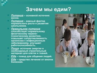 Зачем мы едим?


Питание – основной источник
жизни.



Питание – важный фактор

нормального роста и развития
школьников.


Правильное питание

способствует нормальному
физическому нервнопсихическому развитию,
повышает сопротивляемость
организма к инфекционным
заболеваниям, улучшает
работоспособность.
 Пища- источник энергии и
необходимый строительный
материал для клеток и тканей.
 Еда – повод для общения людей.
 Еда – средство лечения от многих
болезней.

 