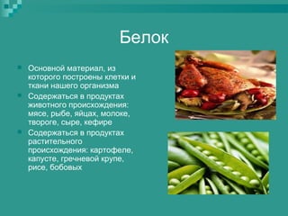 Белок






Основной материал, из
которого построены клетки и
ткани нашего организма
Содержаться в продуктах
животного происхождения:
мясе, рыбе, яйцах, молоке,
твороге, сыре, кефире
Содержаться в продуктах
растительного
происхождения: картофеле,
капусте, гречневой крупе,
рисе, бобовых

 