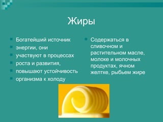 Жиры







Богатейший источник
энергии, они
участвуют в процессах
роста и развития,
повышают устойчивость
организма к холоду



Содержаться в
сливочном и
растительном масле,
молоке и молочных
продуктах, ячном
желтке, рыбьем жире

 