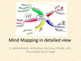 Mind Mapping in detailed view
S. LAKSHMANAN, M.Phil(Psy), M.A.(Psy), PGDBA., DCL.,
Psychologist (Govt. Regd)
 