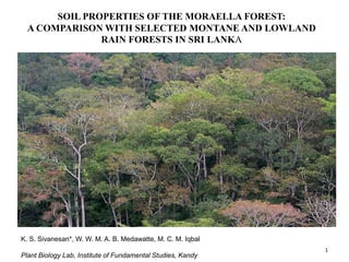 SOIL PROPERTIES OF THE MORAELLA FOREST: 
A COMPARISON WITH SELECTED MONTANE AND LOWLAND 
RAIN FORESTS IN SRI LANKA 
1 
K. S. Sivanesan*, W. W. M. A. B. Medawatte, M. C. M. Iqbal 
Plant Biology Lab, Institute of Fundamental Studies, Kandy 
 