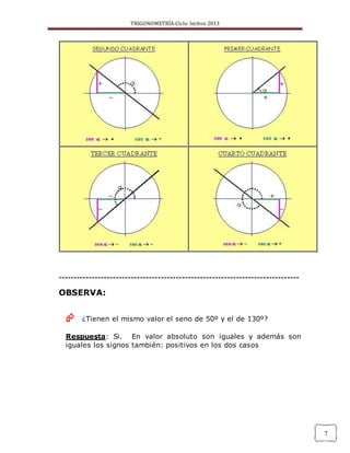 TRIGONOMETRÍA-Ciclo lectivo 2013
7
--------------------------------------------------------------------------------
OBSERVA:
 ¿Tienen el mismo valor el seno de 50º y el de 130º?
Respuesta: Si. En valor absoluto son iguales y además son
iguales los signos también: positivos en los dos casos
 
