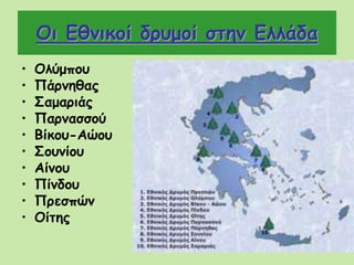 Οι Εθνικοί δρυμοί στην Ελλάδα
• Ολύμπου
• Πάρνηθας
• Σαμαριάς
• Παρνασσού
• Βίκου-Αώου
• Σουνίου
• Αίνου
• Πίνδου
• Πρεσπών
• Οίτης
 