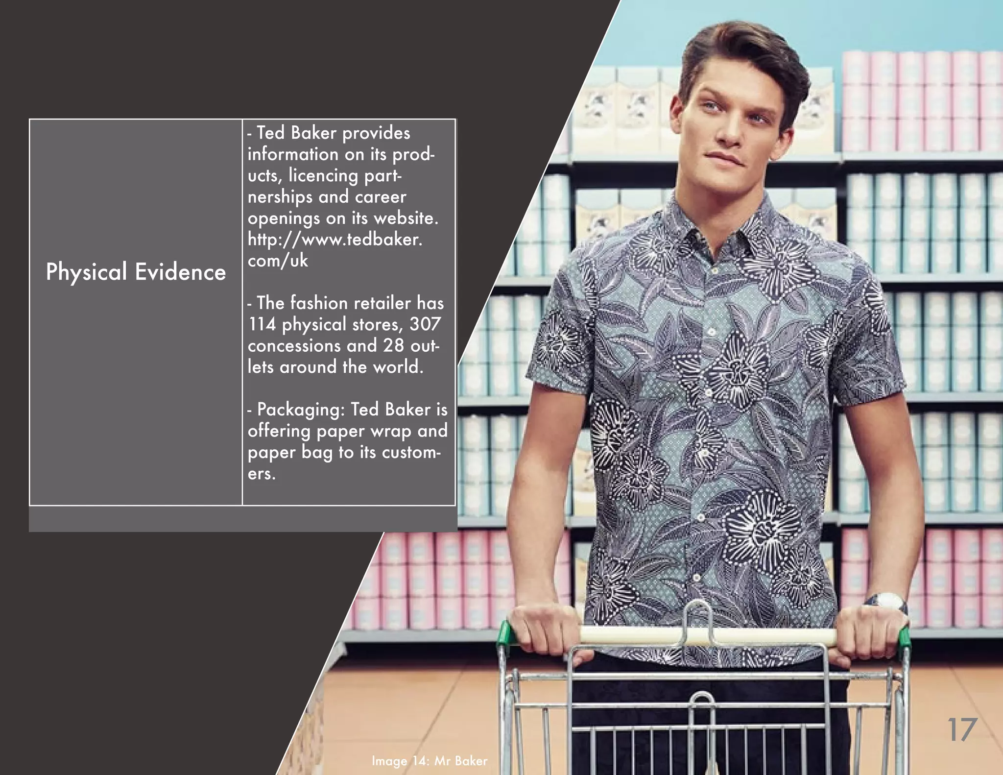 17
Image 14: Mr Baker
Physical Evidence
- Ted Baker provides
information on its prod-
ucts, licencing part-
nerships and career
openings on its website.
http://www.tedbaker.
com/uk
- The fashion retailer has
114 physical stores, 307
concessions and 28 out-
lets around the world.
- Packaging: Ted Baker is
offering paper wrap and
paper bag to its custom-
ers.
 