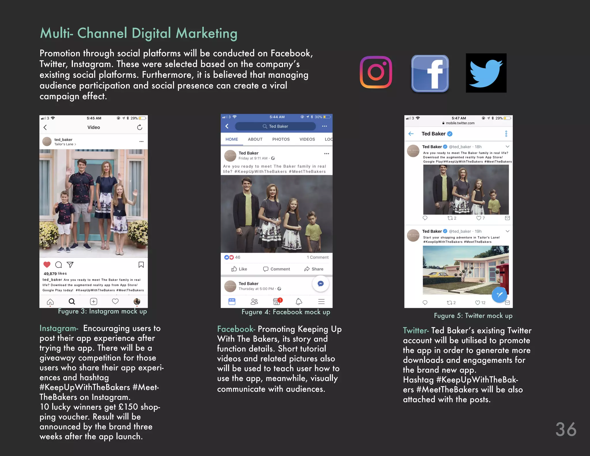36
Fugure 4: Facebook mock up
Multi- Channel Digital Marketing
Promotion through social platforms will be conducted on Facebook,
Twitter, Instagram. These were selected based on the company’s
existing social platforms. Furthermore, it is believed that managing
audience participation and social presence can create a viral
campaign effect.
Facebook- Promoting Keeping Up
With The Bakers, its story and
function details. Short tutorial
videos and related pictures also
will be used to teach user how to
use the app, meanwhile, visually
communicate with audiences.
Instagram- Encouraging users to
post their app experience after
trying the app. There will be a
giveaway competition for those
users who share their app experi-
ences and hashtag
#KeepUpWithTheBakers #Meet-
TheBakers on Instagram.
10 lucky winners get £150 shop-
ping voucher. Result will be
announced by the brand three
weeks after the app launch.
Twitter- Ted Baker’s existing Twitter
account will be utilised to promote
the app in order to generate more
downloads and engagements for
the brand new app.
Hashtag #KeepUpWithTheBak-
ers #MeetTheBakers will be also
attached with the posts.
Fugure 3: Instagram mock up
Fugure 5: Twitter mock up
 