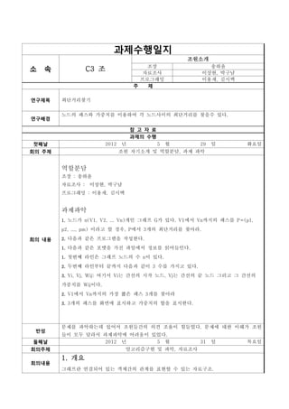 과제수행일지
                                                   조원소개
소 속             C3 조                 조장
                                    자료조사
                                                       송하윤
                                                     이상현, 박구남
                                   프로그래밍             이용재, 김시백
                                 주   제

연구제목    최단거리찾기


        노드의 패스와 가중치를 이용하여 각 노드사이의 최단거리를 찾을수 있다.
연구배경

                                 참 고 자 료
                                 과제의 수행
첫째날                   2012   년             5   월     29   일      화요일
회의 주제                        조원 자기소개 및 역할분담, 과제 파악


        역할분담
        조장 : 송하윤
        자료조사 : 이상현, 박구남
        프로그래밍 : 이용재, 김시백


        과제파악
        1. 노드가 n(V1, V2, ... Vn)개인 그래프 G가 있다. V1에서 Vn까지의 패스를 P=(p1,

        p2, ..., pm) 이라고 할 경우, P에서 3개의 최단거리를 찾아라.

회의 내용   2. 다음과 같은 프로그램을 작성한다.

        1. 다음과 같은 포맷을 가진 파일에서 정보를 읽어들인다.

        1. 첫번째 라인은 그래프 노드의 수 n이 있다.

        2. 두번째 라인부터 끝까지 다음과 같이 3 수를 가지고 있다.

        3. Vi, Vj, Wij: 여기서 Vi는 간선의 시작 노드, Vj는 간선의 끝 노드 그리고 그 간선의

        가중치를 Wij이다.
        2. V1에서 Vn까지의 가장 짧은 패스 3개를 찾아라

        3. 3개의 패스를 화면에 표시하고 가중치의 합을 표시한다.




        문제를 파악하는데 있어서 조원들간의 의견 조율이 힘들었다. 문제에 대한 이해가 조원
        들이 모두 달라서 과제파악에 어려움이 있었다.
 반성

둘째날                2012 년     5 월                    31   일      목요일
회의주제                          알고리즘구현 및 파악, 자료조사
        1. 개요
회의내용
        그래프란 연결되어 있는 객체간의 관계를 표현할 수 있는 자료구조.
 