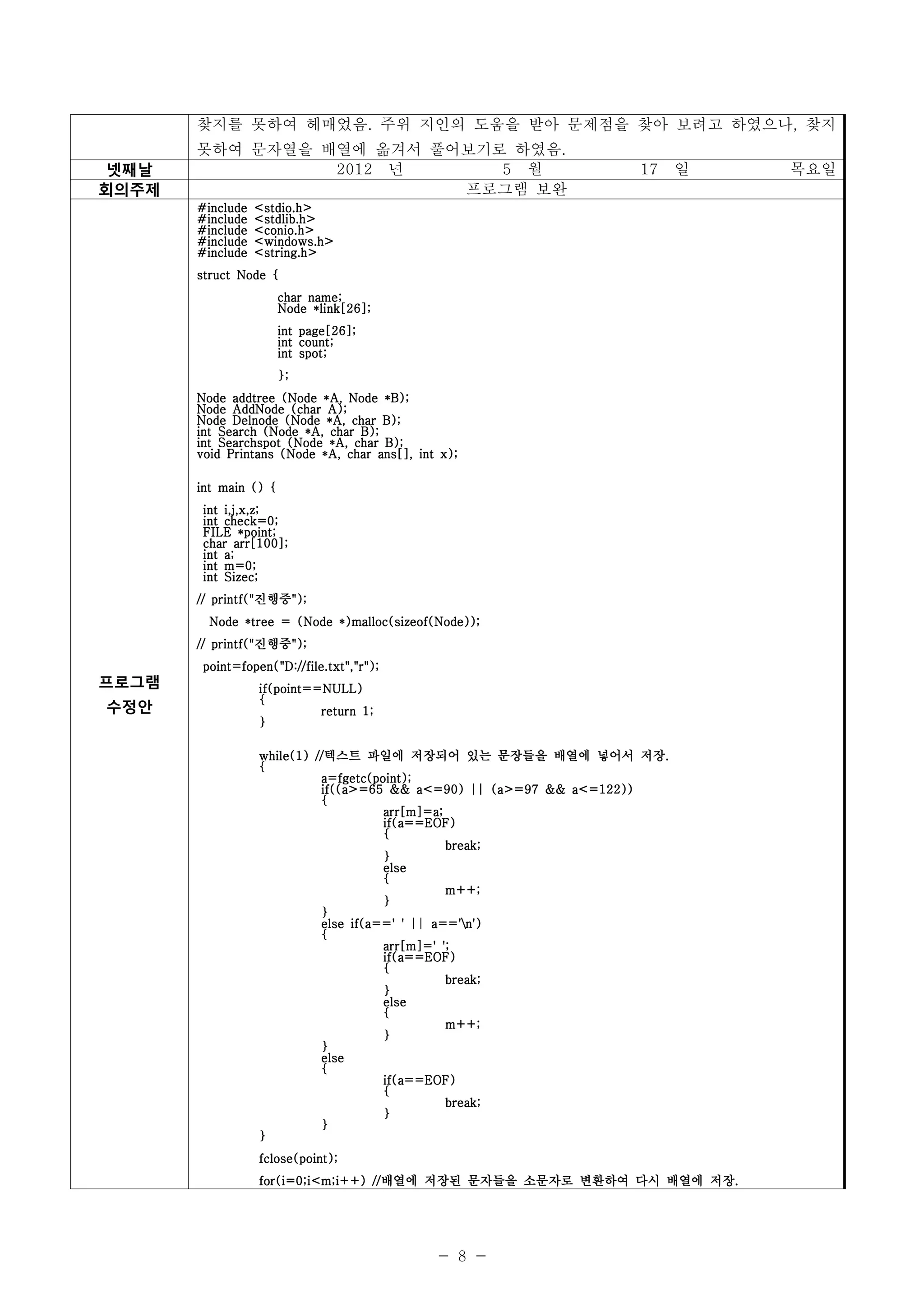 찾지를 못하여 헤매었음. 주위 지인의 도움을 받아 문제점을 찾아 보려고 하였으나, 찾지
       못하여 문자열을 배열에 옮겨서 풀어보기로 하였음.
넷째날              2012 년      5 월                                     17     일   목요일
회의주제                      프로그램 보완
       #include   <stdio.h>
       #include   <stdlib.h>
       #include   <conio.h>
       #include   <windows.h>
       #include   <string.h>
       struct Node {
                       char name;
                       Node *link[26];
                       int page[26];
                       int count;
                       int spot;
                       };
       Node addtree (Node *A, Node *B);
       Node AddNode (char A);
       Node Delnode (Node *A, char B);
       int Search (Node *A, char B);
       int Searchspot (Node *A, char B);
       void Printans (Node *A, char ans[], int x);

       int main () {
        int i,j,x,z;
        int check=0;
        FILE *point;
        char arr[100];
        int a;
        int m=0;
        int Sizec;
          printf("진행중
                  진행중");
       // printf("진행중");
         Node *tree = (Node *)malloc(sizeof(Node));
          printf("진행중
                  진행중");
       // printf("진행중");
        point=fopen("D://file.txt","r");
프로그램              if(point==NULL)
                  {
수정안                         return 1;
                  }

                           //텍스트
                  while(1) //텍스트 파일에 저장되어 있는 문장들을 배열에 넣어서 저장.         저장.
                  {
                            a=fgetc(point);
                            if((a>=65 && a<=90) || (a>=97 && a<=122))
                            {
                                      arr[m]=a;
                                      if(a==EOF)
                                      {
                                                break;
                                      }
                                      else
                                      {
                                                m++;
                                      }
                            }
                            else if(a==' ' || a=='n')
                            {
                                      arr[m]=' ';
                                      if(a==EOF)
                                      {
                                                break;
                                      }
                                      else
                                      {
                                                m++;
                                      }
                            }
                            else
                            {
                                      if(a==EOF)
                                      {
                                                break;
                                      }
                            }
                  }
                  fclose(point);
                                   //배열에                           저장.
                  for(i=0;i<m;i++) //배열에 저장된 문자들을 소문자로 변환하여 다시 배열에 저장.




                                              - 8 -
 