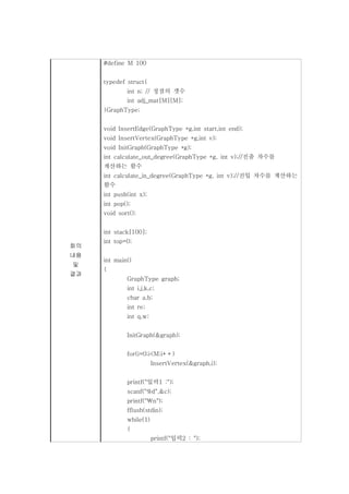 #define M 100


     typedef struct{
             int n; // 정점의 갯수
             int adj_mat[M][M];
     }GraphType;


     void InsertEdge(GraphType *g,int start,int end);
     void InsertVertex(GraphType *g,int v);
     void InitGraph(GraphType *g);
     int calculate_out_degree(GraphType *g, int v);//진출 차수를
     계산하는 함수
     int calculate_in_degree(GraphType *g, int v);//진입 차수를 계산하는
     함수
     int push(int x);
     int pop();
     void sort();


     int stack[100];
     int top=0;
회의
내용
     int main()
및
     {
결과
             GraphType graph;
             int i,j,k,c;
             char a,b;
             int re;
             int q,w;


             InitGraph(&graph);


             for(i=0;i<M;i++)
                        InsertVertex(&graph,i);


             printf("입력1 :");
             scanf("%d",&c);
             printf("n");
             fflush(stdin);
             while(1)
             {
                        printf("입력2 : ");
 