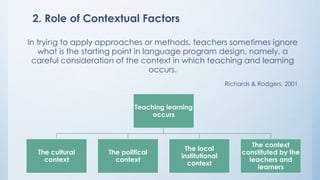 2. Role of Contextual Factors 
In trying to apply approaches or methods, teachers sometimes ignore 
what is the starting point in language program design, namely, a 
careful consideration of the context in which teaching and learning 
occurs. 
Richards & Rodgers, 2001 
Teaching learning 
occurs 
The cultural 
context 
The political 
context 
The local 
institutional 
context 
The context 
constituted by the 
teachers and 
learners 
 