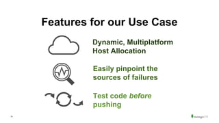 15
Features for our Use Case
Dynamic, Multiplatform
Host Allocation
Easily pinpoint the
sources of failures
Test code before
pushing
 