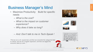 PAGE21
Business Manager’s Mind
21
• Maximize Productivity: Build for specific
needs
– What is the cost?
– What is the impact on customer
experience?
– Why does it take so long?
– And: Don’t talk to me in Tech-Speak !
“First we ran a chi- square test, and then we converted the categorical data
to ordinal, next we ran a logistic regression, and then we lagged the
economic data by a year…”
Source: Davenport, Tom (2013), “Keep up with your quants", Harvard Business Review, Issue Jul-Aug 2013
 