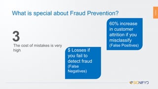 PAGE6
What is special about Fraud Prevention?
3The cost of mistakes is very
high
60% increase
in customer
attrition if you
misclassify
(False Positives)
$ Losses if
you fail to
detect fraud
(False
Negatives)
 