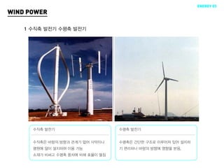 ENERGY 03
WIND POWER

    1 수직축 발전기 수평축 발전기




      수직축 발전기                     수평축 발전기


      수직축은 바람의 방향과 관계가 없어 사막이나    수평축은 간단한 구조로 이루어져 있어 설치하
      평원에 많이 설치하여 이용 가능           기 편리하나 바람의 방향에 영향을 받음.
      소재가 비싸고 수평축 풍차에 비해 효율이 떨짐
 