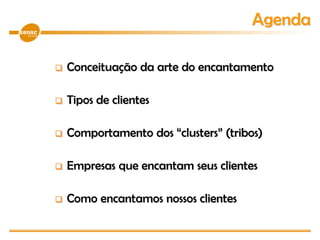  Conceituação da arte do encantamento
 Tipos de clientes
 Comportamento dos “clusters” (tribos)
 Empresas que encantam seus clientes
 Como encantamos nossos clientes
Agenda
 