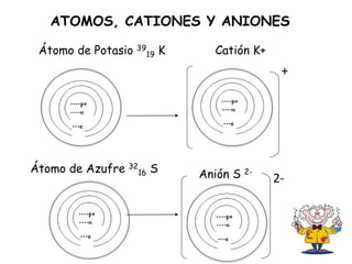 Átomo de Potasio 39
19 K Catión K+
Átomo de Azufre 32
16 S Anión S 2-
ATOMOS, CATIONES Y ANIONES
+
2-
 