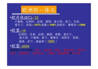 欧洲的一体化
 欧共体
•欧共体(EC)--12
  卢森堡、比利时、法国、德国、意大利、荷兰、丹麦、
  卢森堡、比利时、法国、德国、意大利、荷兰、丹麦、
  爱尔兰、英国
  爱尔兰、英国—1973,希腊
              希腊—1981,西班牙、葡萄牙
              希腊      西班牙、
                      西班牙 葡萄牙—1986

 欧盟
•欧盟--15
   比利时、丹麦、法国、德国、希腊、爱尔兰、
   比利时、丹麦、法国、德国、希腊、爱尔兰、
   意大利、卢森堡、荷兰、葡萄牙、西班牙、英国、
   意大利、卢森堡、荷兰、葡萄牙、西班牙、英国、
   瑞典、芬兰、奥地利（ 1995 ）
   瑞典、芬兰、
 欧盟
•欧盟--2004
新增如下10个国家：波兰、匈牙利、捷克、斯洛伐克、斯洛文
新增如下10个国家：波兰、匈牙利、捷克、斯洛伐克、
    10个国家
尼亚、拉脱维亚、爱沙尼亚、立陶宛、塞浦路斯和马耳他，
尼亚、拉脱维亚、爱沙尼亚、立陶宛、塞浦路斯和马耳他，
 