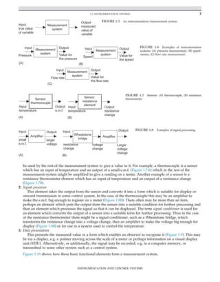 be used by the rest of the measurement system to give a value to it. For example, a thermocouple is a sensor
which has an input of temperature and an output of a small e.m.f. (Figure 1.7A) which in the rest of the
measurement system might be amplified to give a reading on a meter. Another example of a sensor is a
resistance thermometer element which has an input of temperature and an output of a resistance change
(Figure 1.7B).
2. Signal processor
This element takes the output from the sensor and converts it into a form which is suitable for display or
onward transmission in some control system. In the case of the thermocouple this may be an amplifier to
make the e.m.f. big enough to register on a meter (Figure 1.8B). There often may be more than an item,
perhaps an element which puts the output from the sensor into a suitable condition for further processing and
then an element which processes the signal so that it can be displayed. The term signal conditioner is used for
an element which converts the output of a sensor into a suitable form for further processing. Thus in the case
of the resistance thermometer there might be a signal conditioner, such as a Wheatstone bridge, which
transforms the resistance change into a voltage change, then an amplifier to make the voltage big enough for
display (Figure 1.8B) or for use in a system used to control the temperature.
3. Data presentation
This presents the measured value in a form which enables an observer to recognise it (Figure 1.9). This may
be via a display, e.g. a pointer moving across the scale of a meter or perhaps information on a visual display
unit (VDU). Alternatively, or additionally, the signal may be recorded, e.g. in a computer memory, or
transmitted to some other system such as a control system.
Figure 1.10 shows how these basic functional elements form a measurement system.
Measurement
system
Input:
true value
of variable
Output:
measured
value of
variable
FIGURE 1.5 An instrumentation/measurement system.
Measurement
system
Input Output
Pressure Value for
the pressure
(A)
Measurement
system
Input Output
Value for
the speed
(B)
Speed
Measurement
system
Input Output
Value for
the flow rate
(C)
Flow rate
FIGURE 1.6 Examples of instrumentation
systems: (A) pressure measurement, (B) speed-
ometer, (C) flow rate measurement.
Sensor:
thermocouple
Input:
temperature
Output:
e.m.f.
(A)
Sensor:
resistance
element
Input:
temperature
Output:
resistance
change
(B)
FIGURE 1.7 Sensors: (A) thermocouple, (B) resistance
thermometer.
Amplifier
Input: Output:
small
e.m.f.
larger
voltage
Wheatstone
bridge
Amplifier
Input:
resistance
change
Voltage
change
Larger
voltage
change
(A) (B)
Output: FIGURE 1.8 Examples of signal processing.
3
1.2 INSTRUMENTATION SYSTEMS
INSTRUMENTATION AND CONTROL SYSTEMS
 