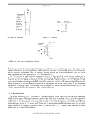 float. The greater the flow rate the greater the pressure difference for a particular gap and so the higher up the
tube the float moves. A scale alongside the tube can thus be calibrated to read directly the flow rate correspond-
ing to a particular height of the float. The rotameter is cheap, reliable, has an accuracy of about 61% and can be
used to measure flow rates from about 30 3 1026
m3
/s to 1 m3
/s.
The Pitot tube can be used to directly measure the velocity of flow of a fluid, rather than the volume rate of
flow and consists essentially of just a small tube inserted into the fluid with an opening pointing directly
upstream (Figure 2.29). The fluid impinging on the open end of the tube is brought to rest and the pressure dif-
ference measured between this point and the pressure in the fluid at full flow. The difference in pressure between
where the fluid is in full flow and the point where it is stopped is due to the kinetic energy of the fluid being
transformed to potential energy, this showing up as an increase in pressure. Because kinetic energy is 1
/2mv2
, the
velocity is proportional to the square root of the pressure difference.
2.5.2 Turbine Meter
The turbine flowmeter (Figure 2.30) consists of a multi-bladed rotor that is supported centrally in the pipe along
which the flow occurs. The rotor rotates as a result of the fluid flow, the angular velocity being approximately
proportional to the flow rate. The rate of revolution of the rotor can be determined by attaching a small perma-
nent magnet to one of the blades and using a pick-up coil. An induced e.m.f. pulse is produced in the coil every
time the magnet passes it. The pulses are counted and so the number of revolutions of the rotor can be deter-
mined. The meter is expensive, with an accuracy of typically about 60.1%. Another form uses helical screws
which rotate as a result of the fluid flow.
Fluid
flow
Position of
the edge
of the float
referred to
on the tube
scale
Gap increases
as the float
moves
upwards
FIGURE 2.28 Rotameter.
Static
pressure
Static plus
impact pressure
Impact hole
FIGURE 2.29 Pitot tube.
Turbine
Permanent
magnet
Pick-up coil
Fluid
flow
FIGURE 2.30 Basic principle of the turbine flowmeter.
31
2.5 FLUID FLOW
INSTRUMENTATION AND CONTROL SYSTEMS
 