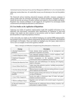 International Journal of Security, Privacy and Trust Management (IJSPTM) Vol 13, No 4, November 2024
11
addressing worries about how AI could affect society are all necessary to win over the public's
trust.
The framework advises launching educational programs and public awareness campaigns to
educate people about the advantages and dangers of artificial intelligence. Regulatory agencies
should also provide up avenues for public comment and respond to issues promptly and openly.
Regulators may increase confidence in and support for AI legislation by encouraging candid
communication and displaying dedication to moral behavior.
5.5. Case Studies on the Application of Regulations
Analyzing case studies of regulatory implementation might offer insightful information on the
difficulties and achievements encountered while implementing AI regulations in real-world
settings. Case studies can draw attention to best practices, point out typical roadblocks, and
provide guidance for upcoming regulatory initiatives.
A few noteworthy case studies are the Artificial Intelligence Act and the GDPR implemented by
the European Union, as well as industry-led programs like Microsoft's Responsible AI Guidelines
and Google's AI Principles. These case studies can highlight areas that require improvement as
well as serve as examples of successful regulatory methods.
Table 2: Strategies and Difficulties of Implementing Ethical Boundaries in Generative AI
Strategy Description
1. Develop Comprehensive
Guidelines
Create detailed ethical guidelines for the development and
deployment of generative AI systems.
2. Establish Regulatory Bodies
Form dedicated regulatory bodies to oversee compliance with
ethical standards and address violations.
3. Implement Transparent
Practices
Ensure transparency in AI operations, including clear
communication about AI capabilities and limitations.
4. Promote Bias Detection Tools
Integrate tools and methodologies for detecting and mitigating
biases in AI systems.
5. Ensure Robust Data Privacy
Adopt strong data protection practices, including anonymization
and secure data storage.
6. Facilitate Human Oversight
Maintain human oversight in decision-making processes to ensure
ethical alignment and intervention.
7. Engage in Continuous
Education
Provide ongoing training and resources for developers and users
on ethical AI practices.
8. Foster Public Engagement
Involve the public in discussions about AI ethics and gather
feedback on potential concerns.
9. Monitor and Report Impact
Regularly assess and report on the societal impacts of generative
AI systems.
10. Develop Collaboration
Networks
Build networks for collaboration between industry, academia, and
policymakers to address AI ethics.
 