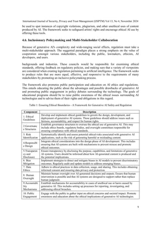 International Journal of Security, Privacy and Trust Management (IJSPTM) Vol 13, No 4, November 2024
9
be used to spot instances of copyright violations, plagiarism, and other unethical uses of content
produced by AI. The framework seeks to safeguard artists' rights and encourage ethical AI use by
offering these tools.
4.6. Inclusionary Policymaking and Multi-Stakeholder Collaboration
Because of generative AI's complexity and wide-ranging social effects, regulation must take a
multi-stakeholder approach. The suggested paradigm places a strong emphasis on the value of
cooperation amongst various stakeholders, including the public, lawmakers, ethicists, AI
developers, and users.
backgrounds and industries. These councils would be responsible for examining ethical
standards, offering feedback on regulatory policies, and making sure that a variety of viewpoints
are considered when creating legislation pertaining to artificial intelligence. The framework seeks
to produce rules that are more equal, effective, and responsive to the requirements of many
stakeholders by promoting an inclusive policymaking process.
The framework also promotes public participation and education on AI ethics and regulations.
This entails educating the public about the advantages and possible drawbacks of generative AI
and promoting public engagement in policy debates surrounding the technology. The goals of
educational programs should be to raise public awareness of the ethical issues surrounding AI
technologies and to advise them of their rights and obligations in this regard.
Table 1: Ensuring Ethical Boundaries - A Framework for Generative AI Safety and Regulation
Component Description
1. Ethical
Guidelines
Develop and implement ethical guidelines to govern the design, development, and
deployment of generative AI systems. These guidelines should address issues such as
fairness, accountability, and respect for human rights.
2.Governanc
e Structures
Establish governance structures to oversee the ethical use of generative AI. This may
include ethics boards, regulatory bodies, and oversight committees responsible for
ensuring compliance with ethical standards.
3. Risk
Identification
Systematically identify and assess potential ethical risks associated with generative AI
applications, such as the risk of generating harmful or misleading content.
4.Responsibl
e Design
Integrate ethical considerations into the design phase of AI development. This includes
ensuring that AI systems are built with mechanisms to prevent misuse and promote
ethical outcomes.
5.Transparen
cy and
Disclosure
Ensure transparency by disclosing the purpose, capabilities, and limitations of generative
AI systems. Users should be informed about how AI-generated content is produced and
the potential implications.
6. Bias
Mitigation
Implement strategies to detect and mitigate biases in AI models to prevent discriminatory
outcomes. Regularly audit and update models to address emerging biases.
7. Data
Ethics
Adhere to ethical practices in data collection, usage, and sharing. This includes obtaining
informed consent and ensuring data privacy and protection.
8. Human
Oversight
Maintain human oversight over AI-generated decisions and outputs. Ensure that human
intervention is possible and that AI systems are designed to support rather than replace
human judgment.
9.Accountabi
lity
Mechanisms
Establish mechanisms for accountability in cases of unethical use or harm caused by
generative AI. This includes setting up processes for reporting, investigating, and
addressing ethical breaches.
10. Public
Engagement
Engage with the public to gather input on ethical concerns and societal impact. Promote
awareness and education about the ethical implications of generative AI technologies.
 