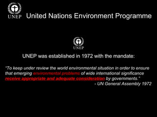 United Nations Environment Programme UNEP was established in 1972 with the mandate: “ To keep under review the world environmental situation in order to ensure that emerging  environmental problems  of wide international significance  receive appropriate and adequate consideration  by governments.”    - UN General Assembly 1972 