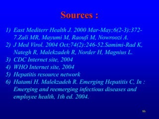 86
Sources :
1) East Mediterr Health J. 2000 Mar-May;6(2-3):372-
7.Zali MR, Mayumi M, Raoufi M, Nowroozi A.
2) J Med Virol. 2004 Oct;74(2):246-52.Samimi-Rad K,
Nategh R, Malekzadeh R, Norder H, Magnius L.
3) CDC Internet site, 2004
4) WHO Internet site, 2004
5) Hepatitis resource network
6) Hatami H. Malekzadeh R. Emerging Hepatitis C, In :
Emerging and reemerging infectious diseases and
employee health, 1th ed. 2004.
 