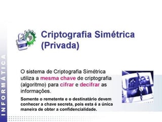 Somente o remetente e o destinatário devem 
conhecer a chave secreta, pois esta é a única 
maneira de obter a confidencialidade. 
 