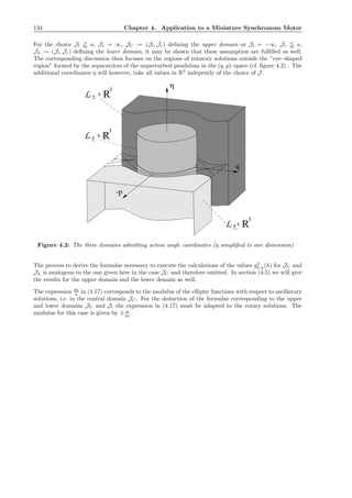 134 Chapter 4. Application to a Miniature Synchronous Motor
For the choice Jl a, Jr = ∞, JU := (Jl, Jr) deﬁning the upper domain or Jl = −∞, Jr a,
JL := (Jl, Jr) deﬁning the lower domain, it may be shown that these assumption are fulﬁlled as well.
The corresponding discussion then focuses on the regions of rotatory solutions outside the ”eye–shaped
region” formed by the separatrices of the unperturbed pendulum in the (q, p)–space (cf. ﬁgure 4.2) . The
additional coordinates η will however, take all values in R3
indepently of the choice of J .
η
q
-p
LJ
JL
C
L
L
x
UJ
3
x
3
R
R
x
3
R
Figure 4.2: The three domains admitting action angle coordinates (η simpliﬁed to one dimension)
The process to derive the formulae necessary to execute the calculations of the values g2
k,n(h) for JU and
JL is analogous to the one given here in the case JC and therefore omitted. In section (4.5) we will give
the results for the upper domain and the lower domain as well.
The expression p0
a in (4.17) corresponds to the modulus of the elliptic functions with respect to oscillatory
solutions, i.e. in the central domain JC. For the deduction of the formulae corresponding to the upper
and lower domains JU and Jl the expression in (4.17) must be adapted to the rotary solutions. The
modulus for this case is given by ± a
p0
.
 