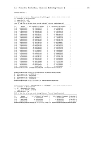 4.5. Numerical Evaluations, Discussion Following Chapter 2 181
upper domain :
*********************** Calculation of G_0,0(kappa) ***************************
--> parameter a=.54 rho=1 m=0
--> kappa in [0, .99]
--> kappa-steps = .0396
(4*M is the size of arrays used during Discrete Fourier Transformation)
--------------------------------------------------------------------------------
| M | kappa | G_0,0(kappa)/(a/kappa) | G_0,0(kappa)/(a/kappa)^2 |
| 63 | .0396000000 | -14.1941182078 | -1.0409020019 |
| 63 | .0792000000 | -7.4260782072 | -1.0891581370 |
| 63 | .1188000000 | -5.1982391236 | -1.1436126072 |
| 63 | .1584000000 | -4.1031203872 | -1.2035819802 |
| 63 | .1980000000 | -3.4600266337 | -1.2686764323 |
| 63 | .2376000000 | -3.0424373556 | -1.3386724364 |
| 63 | .2772000000 | -2.7533895421 | -1.4134066316 |
| 63 | .3168000000 | -2.5443388122 | -1.4926787698 |
| 63 | .3564000000 | -2.3881189587 | -1.5761585127 |
| 63 | .3960000000 | -2.2681294223 | -1.6632949097 |
| 63 | .4356000000 | -2.1734264733 | -1.7532306884 |
| 63 | .4752000000 | -2.0962798153 | -1.8447262375 |
| 63 | .5148000000 | -2.0308740516 | -1.9360999292 |
| 63 | .5544000000 | -1.9725890858 | -2.0251914614 |
| 63 | .5940000000 | -1.9175930801 | -2.1093523881 |
| 63 | .6336000000 | -1.8626099345 | -2.1854623231 |
| 63 | .6732000000 | -1.8047808130 | -2.2499600802 |
| 63 | .7128000000 | -1.7415649398 | -2.2988657206 |
| 63 | .7524000000 | -1.6706337731 | -2.3277497239 |
| 63 | .7920000000 | -1.5897068156 | -2.3315699962 |
| 63 | .8316000000 | -1.4962428055 | -2.3042139205 |
| 63 | .8712000000 | -1.3867758994 | -2.2373317843 |
| 63 | .9108000000 | -1.2551877767 | -2.1170833834 |
| 63 | .9504000000 | -1.0863723838 | -1.9120153956 |
| 63 | .9900000000 | -.7994679938 | -1.4656913221 |
******************** CALCULATION COMPLETE *************************
******************* Detection of Resonances ***********************
2 : 1-Resonance in +.1343870049......
2 : 2-Resonance in +.2651460995......
2 : 3-Resonance in +.3888961596......
2 : 4-Resonance in +.5027329013......
******************* DETECTION COMPLETE ***********************
*********************** Calculation of G_-k,2(kappa)| ***************************
--> parameter a=.54 rho=1 m=0
--> 2 : 1 Resonance in .134387
--> kappa in [.084387, .184387]
--> kappa-steps = .05
(4*M is the size of arrays used during Discrete Fourier Transformation)
-----------------------------------------------------------------------------------------
| M | kappa | G_-1,2(kappa)/(a/kappa) | G_0,0(kappa)/(a/kappa) | passage |
| 63 | .0843870049 | +0.0000000000 | -7.0131241237 | certain |
| 63 | .1343870049 | +0.0000000000 | -4.6876280257 | certain |
| 63 | .1843870049 | +0.0000000000 | -3.6482952790 | certain |
******************************* CALCULATION COMPLETE **********************************
 