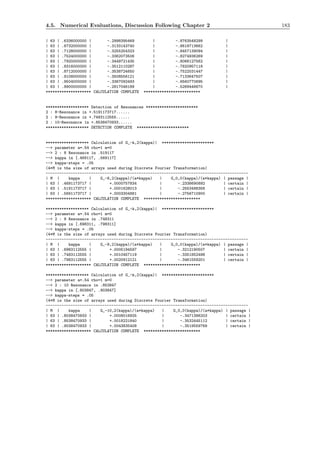 4.5. Numerical Evaluations, Discussion Following Chapter 2 183
| 63 | .6336000000 | -.2998395469 | -.8763548299 |
| 63 | .6732000000 | -.3133143740 | -.8618713662 |
| 63 | .7128000000 | -.3255254323 | -.8457139094 |
| 63 | .7524000000 | -.3362073506 | -.8274936269 |
| 63 | .7920000000 | -.3449721435 | -.8066127562 |
| 63 | .8316000000 | -.3512110287 | -.7820957118 |
| 63 | .8712000000 | -.3538724650 | -.7522031447 |
| 63 | .9108000000 | -.3508556121 | -.7133647507 |
| 63 | .9504000000 | -.3367092493 | -.6560770695 |
| 63 | .9900000000 | -.2817046189 | -.5269446670 |
******************** CALCULATION COMPLETE *************************
******************* Detection of Resonances ***********************
2 : 8-Resonance in +.5191173717......
2 : 9-Resonance in +.7483112555......
2 : 10-Resonance in +.8538470933......
******************* DETECTION COMPLETE ***********************
******************* Calculation of G_-k,2(kappa)| ***********************
--> parameter a=.54 rho=1 m=0
--> 2 : 8 Resonance in .519117
--> kappa in [.469117, .569117]
--> kappa-steps = .05
(4*M is the size of arrays used during Discrete Fourier Transformation)
-----------------------------------------------------------------------------------------
| M | kappa | G_-8,2(kappa)/(a*kappa) | G_0,0(kappa)/(a*kappa) | passage |
| 63 | .4691173717 | +.0000757834 | -.2338690892 | certain |
| 63 | .5191173717 | +.0001628013 | -.2553488358 | certain |
| 63 | .5691173717 | +.0003304881 | -.2756710900 | certain |
******************** CALCULATION COMPLETE *************************
******************* Calculation of G_-k,2(kappa)| ***********************
--> parameter a=.54 rho=1 m=0
--> 2 : 9 Resonance in .748311
--> kappa in [.698311, .798311]
--> kappa-steps = .05
(4*M is the size of arrays used during Discrete Fourier Transformation)
-----------------------------------------------------------------------------------------
| M | kappa | G_-9,2(kappa)/(a*kappa) | G_0,0(kappa)/(a*kappa) | passage |
| 63 | .6983112555 | +.0005194597 | -.3212190507 | certain |
| 63 | .7483112555 | +.0010457119 | -.3351852498 | certain |
| 63 | .7983112555 | +.0020912121 | -.3461559201 | certain |
******************** CALCULATION COMPLETE *************************
******************* Calculation of G_-k,2(kappa)| ***********************
--> parameter a=.54 rho=1 m=0
--> 2 : 10 Resonance in .853847
--> kappa in [.803847, .903847]
--> kappa-steps = .05
(4*M is the size of arrays used during Discrete Fourier Transformation)
-----------------------------------------------------------------------------------------
| M | kappa | G_-10,2(kappa)/(a*kappa) | G_0,0(kappa)/(a*kappa) | passage |
| 63 | .8038470933 | +.0008016925 | -.3471396203 | certain |
| 63 | .8538470933 | +.0018221840 | -.3532445112 | certain |
| 63 | .9038470933 | +.0043835408 | -.3519559769 | certain |
******************** CALCULATION COMPLETE *************************
 
