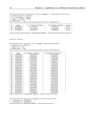 204 Chapter 4. Application to a Miniature Synchronous Motor
*********************** Calculation of 2*|G_-k,2(kappa)| ***************************
--> parameter abar=4.1 rho=0 m=1
--> 2 : 2 Resonance in .987803
--> kappa in [.937803, .987803]
--> kappa-steps = .025
(4*M is the size of arrays used during Discrete Fourier Transformation)
-----------------------------------------------------------------------------------------
| M | kappa | G_-2,2(kappa)/(a/kappa) | G_0,0(kappa)/(a/kappa) | passage |
| 63 | .9378039867 | +1.1010778373 | -.4873089776 | mostly |
| 63 | .9628039867 | +.5373629107 | -.4572925441 | mostly |
| 63 | .9878039867 | +.3885728462 | -.3985989415 | certain |
******************************* CALCULATION COMPLETE **********************************
central domain :
******************* Calculation of G_0,0(kappa) ***********************
--> parameter a=4.1 rho=0 m=1
--> kappa in [0, .99]
--> kappa-steps = .0396
(4*M is the size of arrays used during Discrete Fourier Transformation)
--------------------------------------------------------------------------------
| M | kappa | G_0,0(kappa)/(a*kappa) | G_0,0(kappa)/(a*kappa)^2 |
| 63 | .0396000000 | -.0183348688 | -.1129272532 |
| 63 | .0792000000 | -.0364810169 | -.1123460733 |
| 63 | .1188000000 | -.0542535008 | -.1113851950 |
| 63 | .1584000000 | -.0714749993 | -.1100563551 |
| 63 | .1980000000 | -.0879797762 | -.1083761718 |
| 63 | .2376000000 | -.1036177765 | -.1063662812 |
| 63 | .2772000000 | -.1182588207 | -.1040534445 |
| 63 | .3168000000 | -.1317968033 | -.1014695763 |
| 63 | .3564000000 | -.1441537322 | -.0986516467 |
| 63 | .3960000000 | -.1552833893 | -.0956414075 |
| 63 | .4356000000 | -.1651743492 | -.0924849096 |
| 63 | .4752000000 | -.1738521029 | -.0892318012 |
| 63 | .5148000000 | -.1813801006 | -.0859344384 |
| 63 | .5544000000 | -.1878597129 | -.0826469014 |
| 63 | .5940000000 | -.1934294449 | -.0794240966 |
| 63 | .6336000000 | -.1982643239 | -.0763212629 |
| 63 | .6732000000 | -.2025773916 | -.0733944146 |
| 63 | .7128000000 | -.2066270581 | -.0707026423 |
| 63 | .7524000000 | -.2107375600 | -.0683139352 |
| 63 | .7920000000 | -.2153464056 | -.0663175676 |
| 63 | .8316000000 | -.2211019890 | -.0648476604 |
| 63 | .8712000000 | -.2290058009 | -.0641128023 |
| 63 | .9108000000 | -.2399676172 | -.0642607456 |
| 63 | .9504000000 | -.2444025627 | -.0627213606 |
| 63 | .9900000000 | -.1776456195 | -.0437658584 |
******************** CALCULATION COMPLETE *************************
******************* Detection of Resonances ***********************
2 : 1-Resonance in +.3075848728......
2 : 2-Resonance in +.9867635460......
******************* DETECTION COMPLETE ***********************
 