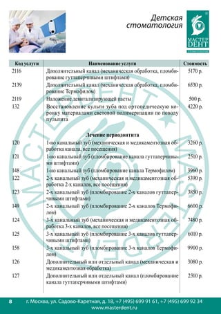 Детская
                                                   стоматология



    Код услуги                     Наименование услуги                      Стоимость
2116             Дополнительный канал (механическая обработка, пломби-        5170 р.
                 рование гуттаперчивыми штифтами)
2139             Дополнительный канал (механическая обработка, пломби-        6530 р.
                 рование Термофилом)
2119             Наложение девитализирующей пасты                             500 р.
132              Восстановление культи зуба под ортопедическую ко-            4220 р.
                 ронку материалами световой полимеризации по поводу
                 пульпита

                                  Лечение периодонтита
120              1-но канальный зуб (механическая и медикаментозная об-       3260 р.
                 работка канала, все посещения)
121              1-но канальный зуб (пломбирование канала гуттаперчивы-       2510 р.
                 ми штифтами)
148              1-но канальный зуб (пломбирование канала Термофилом)         3960 р.
122              2-х канальный зуб (механическая и медикаментозная об-        5390 р.
                 работка 2-х каналов, все посещения)
123              2-х канальный зуб (пломбирование 2-х каналов гуттапер-       3850 р.
                 чивыми штифтами)
149              2-х канальный зуб (пломбирование 2-х каналов Термофи-        6600 р.
                 лом)
124              3-х канальный зуб (механическая и медикаментозная об-        7480 р.
                 работка 3-х каналов, все посещения)
125              3-х канальный зуб (пломбирование 3-х каналов гуттапер-       6010 р.
                 чивыми штифтами)
158              3-х канальный зуб (пломбирование 3-х каналов Термофи-        9900 р.
                 лом)
126              Дополнительный или отдельный канал (механическая и           3080 р.
                 медикаментозная обработка)
127              Дополнительный или отдельный канал (пломбирование            2310 р.
                 канала гуттаперчивыми штифтами)


8
8       г. Москва, ул. Садово-Каретная, д. 18, +7 (495) 699 91 61, +7 (495) 699 92 34
                                   www.masterdent.ru
 
